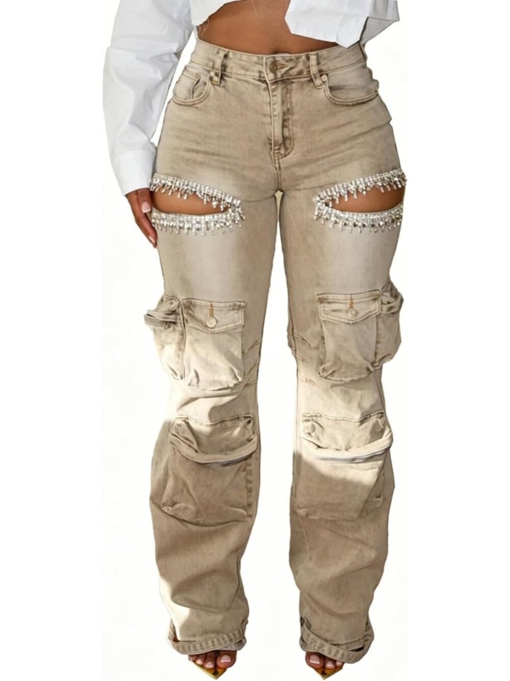 Women's Khaki Denim Distressed Rhinestone Y2k High Waisted Wide Leg Cargo Jeans